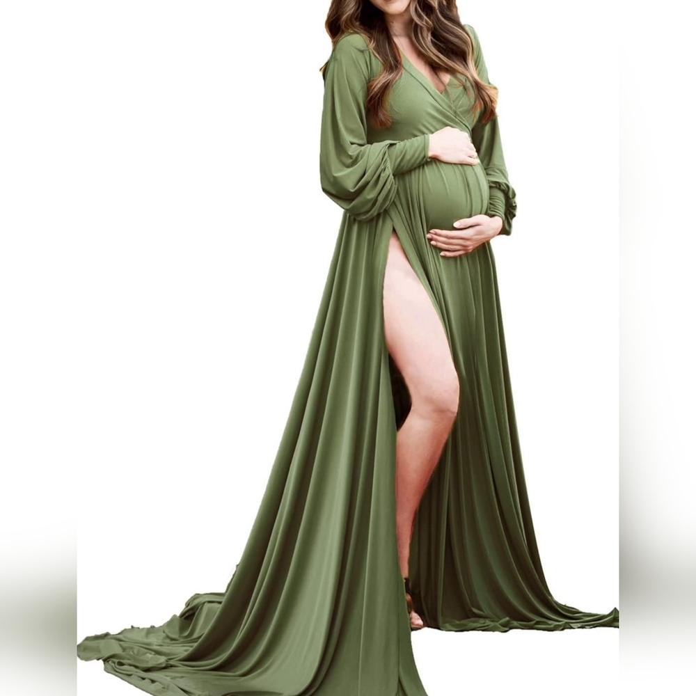 Olive Green Maternity Maxi Dress with Side Slit